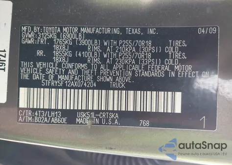 2010 Toyota Tundra Grade 5.7L V8 from USA, damaged, VIN 5TFRY5F12AX074204